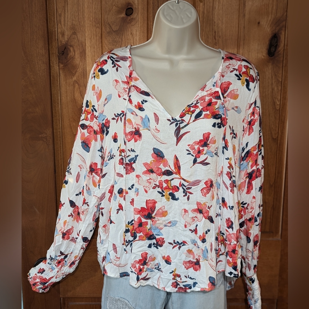 Lucky Brand Floral V-Neck Blouse - White and Red